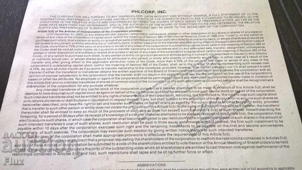 Share certificate Phil Corp INC. | 1987 - 5 Share certificate Phil Corp INC. | 1987 - 5