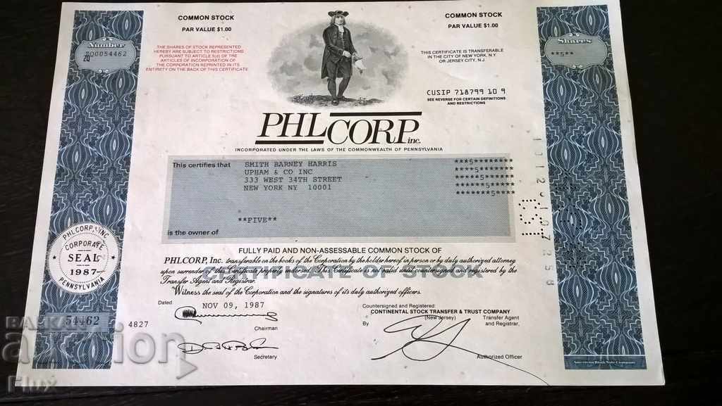Сертификат за акции | Phil Corp INC. | 1987г.