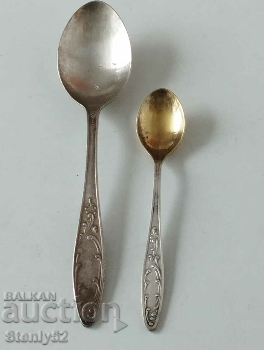 2 Russian silver-plated pewter spoons.