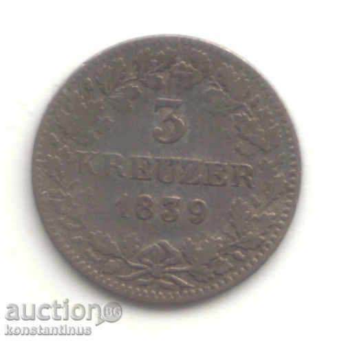 Württemberg Germany 3 Kreuzer 1839 Rare Silver