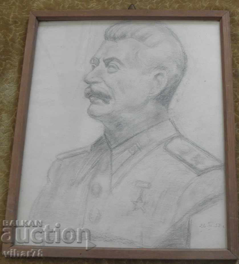 OLD PICTURE-LITHOGRAPHY-PORTRAIT OF STALIN IN A FRAME