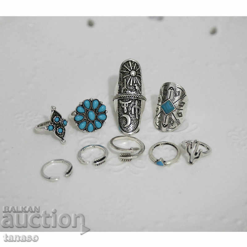 Set of 9 style ring punk, silver plated