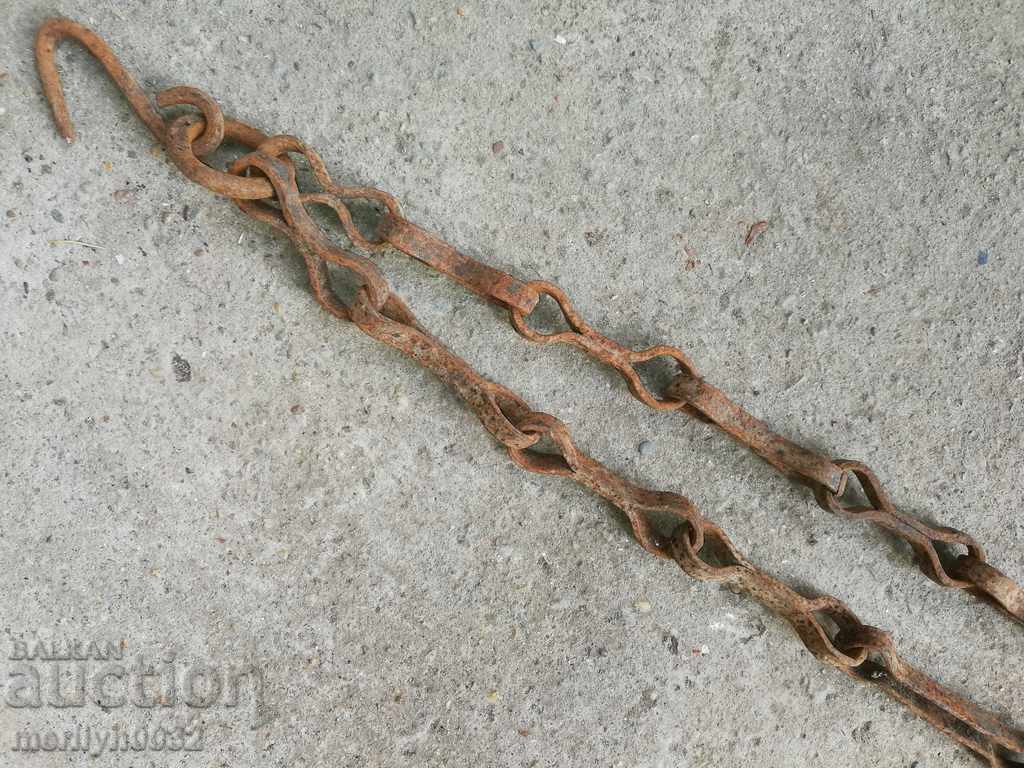 Auction Old forged chain with hook, hearth for hearth chain hook Auction Old forged chain with hook, hearth for hearth chain hook