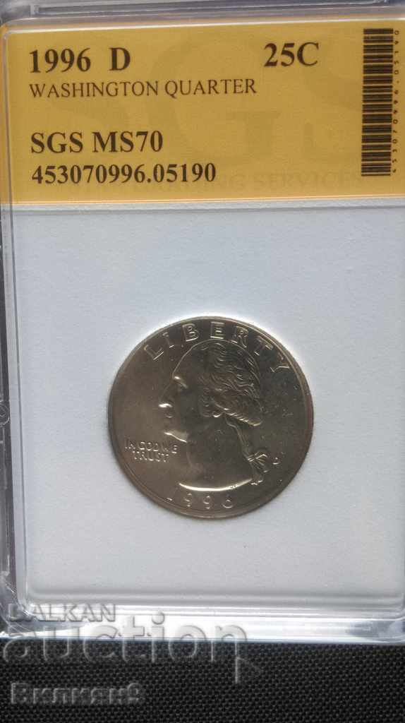 25 цента 1996 ''D'' САЩ Сертифицирана SGS - MS70