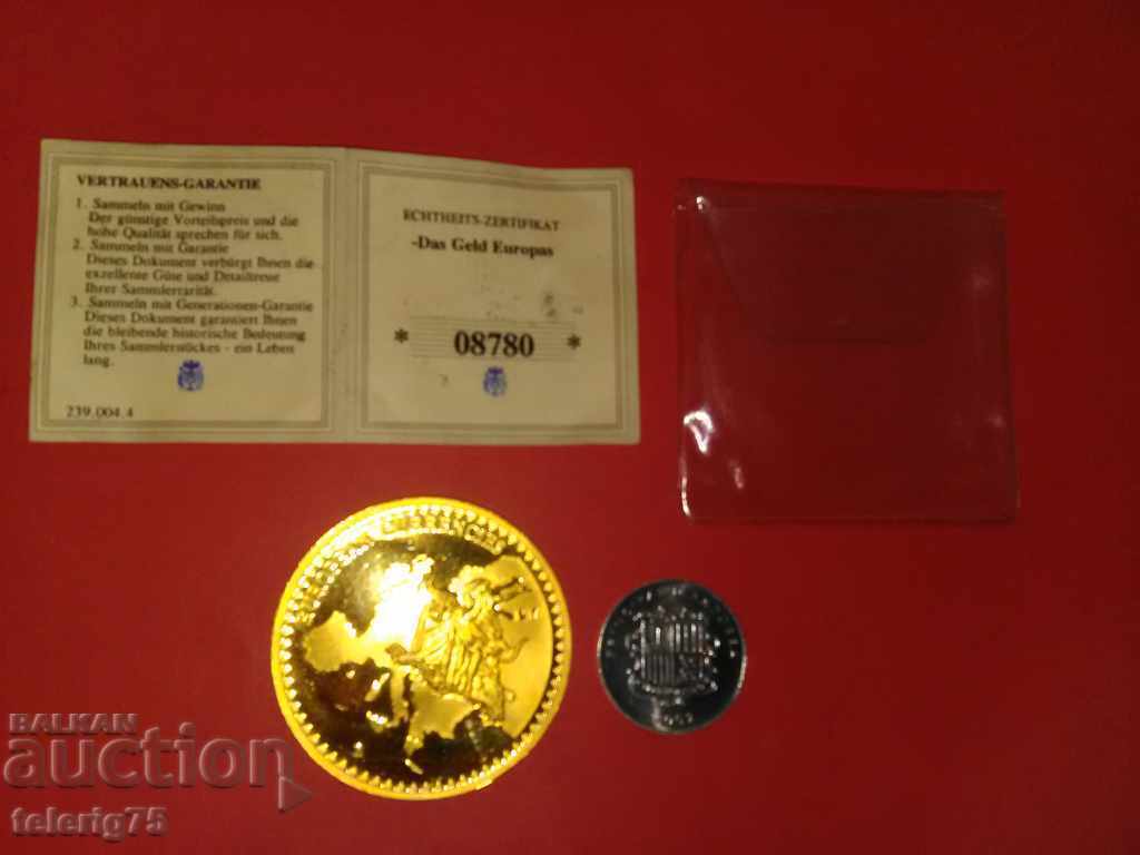 Gold Medallion'Andora-European Currencies' + 1Santim-54g.-50mm with price 35.00 BGN | € 17.90 Gold Medallion'Andora-European Currencies' + 1Santim-54g.-50mm with price 35.00 BGN | € 17.90