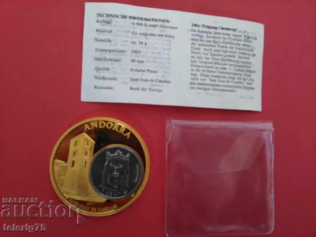 Auction Gold Medallion'Andora-European Currencies' + 1Santim-54g.-50mm Auction Gold Medallion'Andora-European Currencies' + 1Santim-54g.-50mm