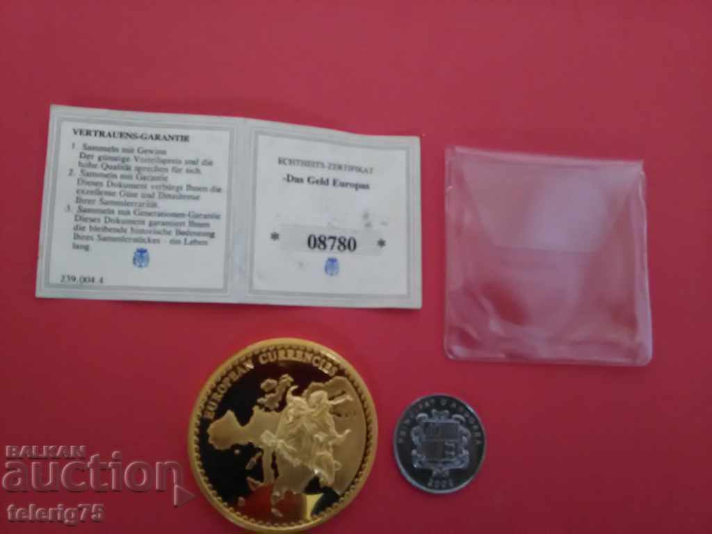 Χρυσό Μενταγιόν'Andora-Ευρωπαϊκά Νομίσματα '+ 1Santim-54g.-50mm