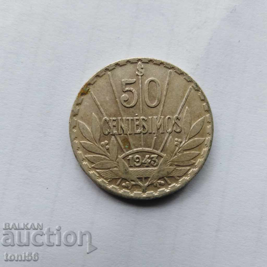 Уругвай 50 центесимос 1943 сребро