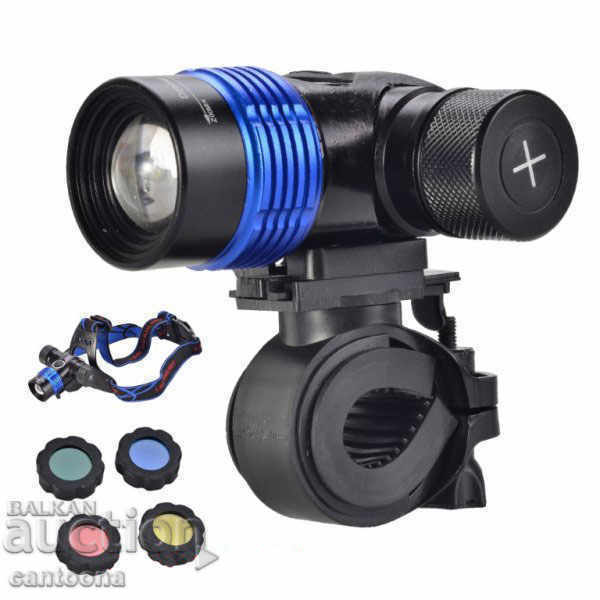 Auction Powerful T6 LED headlamp with battery, ZOOM and 4 color filters Auction Powerful T6 LED headlamp with battery, ZOOM and 4 color filters