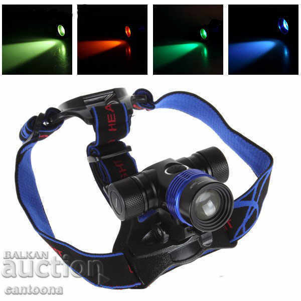 Powerful T6 LED headlamp with battery, ZOOM and 4 color filters
