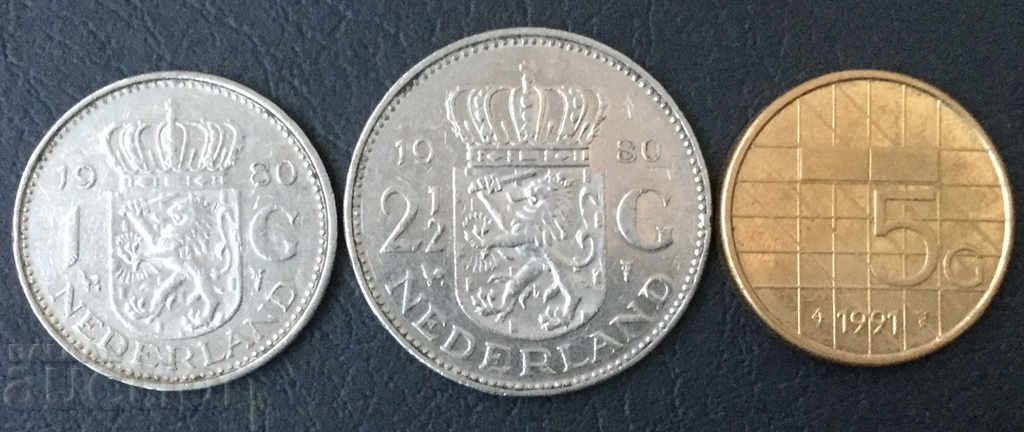 Set Coins Netherlands 1, 2 1/2 Guilds 1980 and 5 Guilds 1991