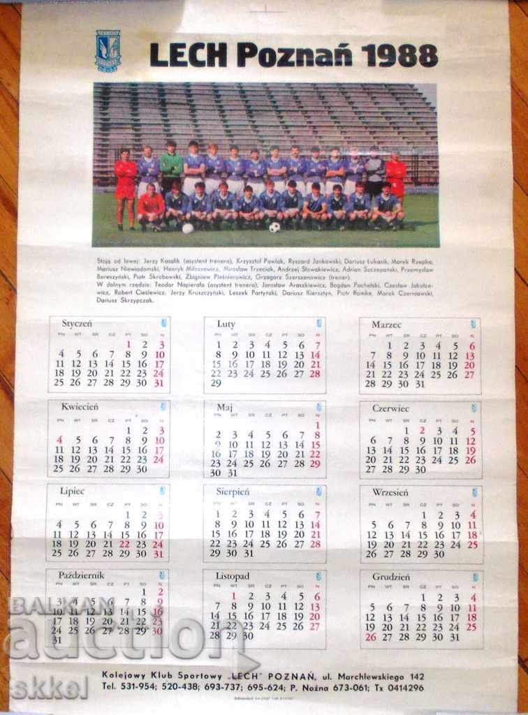 Футболен календар Лех Познан Полша 1988 стенен голям