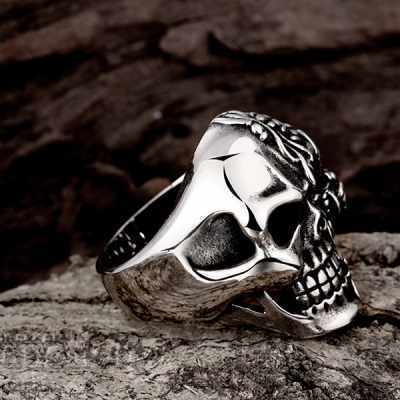 Inel masiv masculin - craniu cu zirconiu, metale grele, punk
