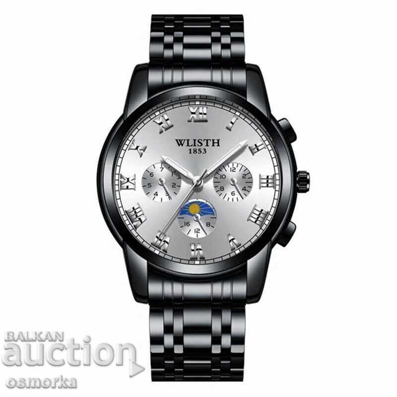 Noul Wlisth ceas de metal și lanț negru din piele gri