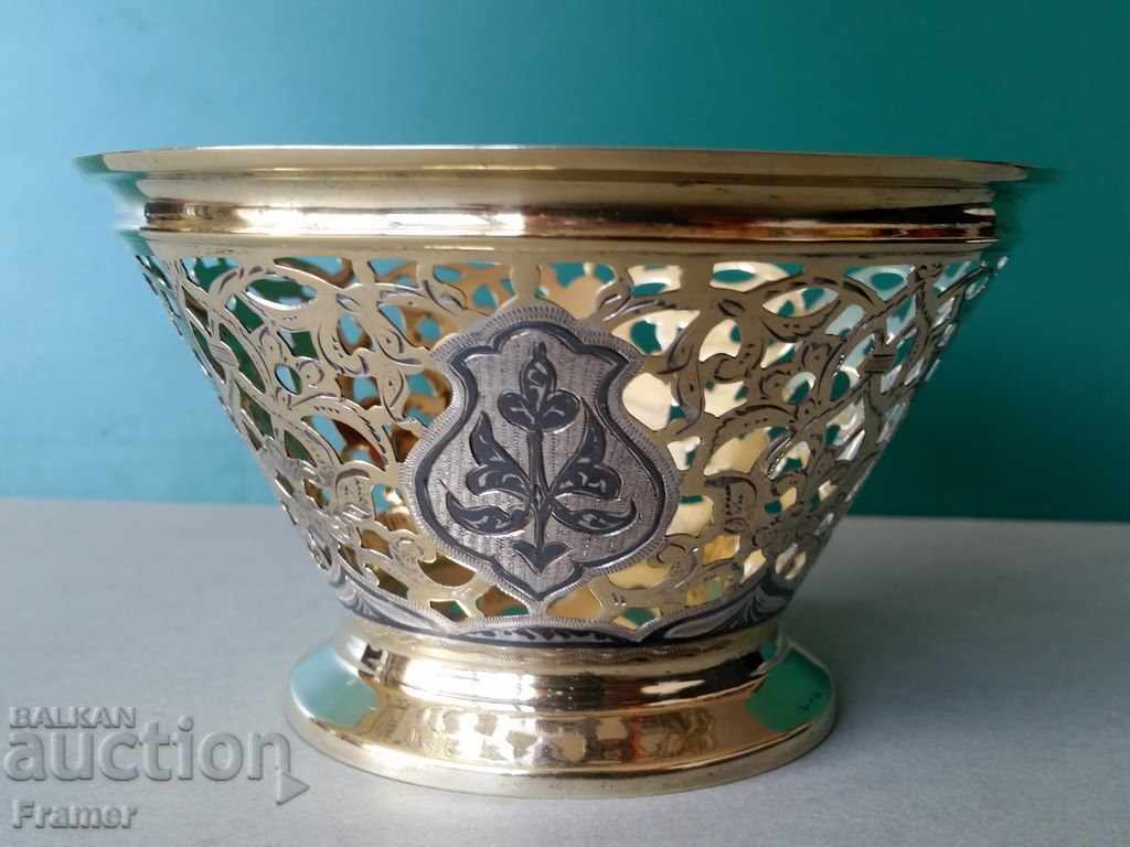 Old Russian gilded and niello silver fruit bowl