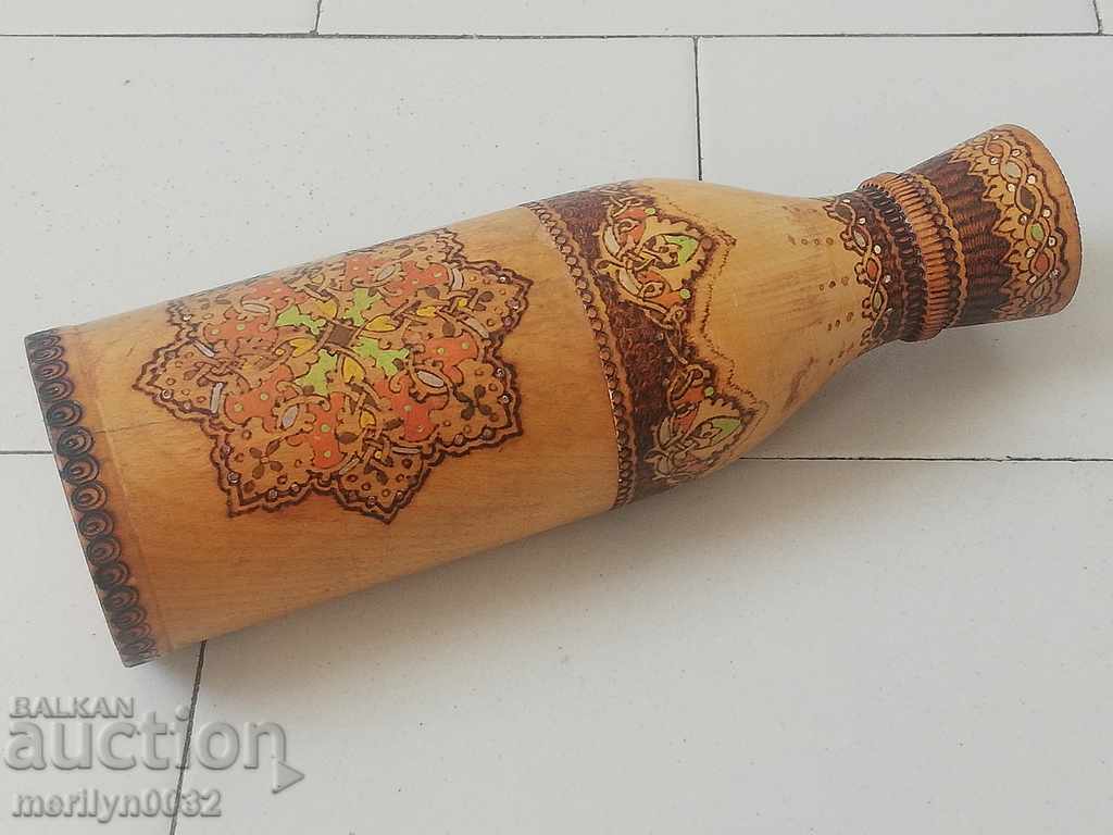 Auction Written pyrographed wooden brandy bottle Auction Written pyrographed wooden brandy bottle