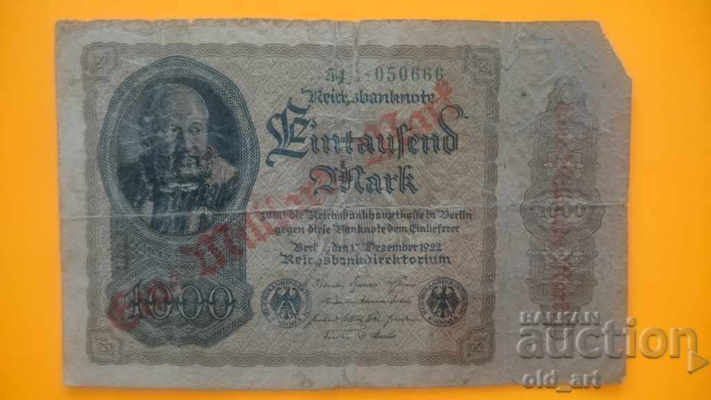 Banknote 1000 marks 1922 - with overprint, extremely rare