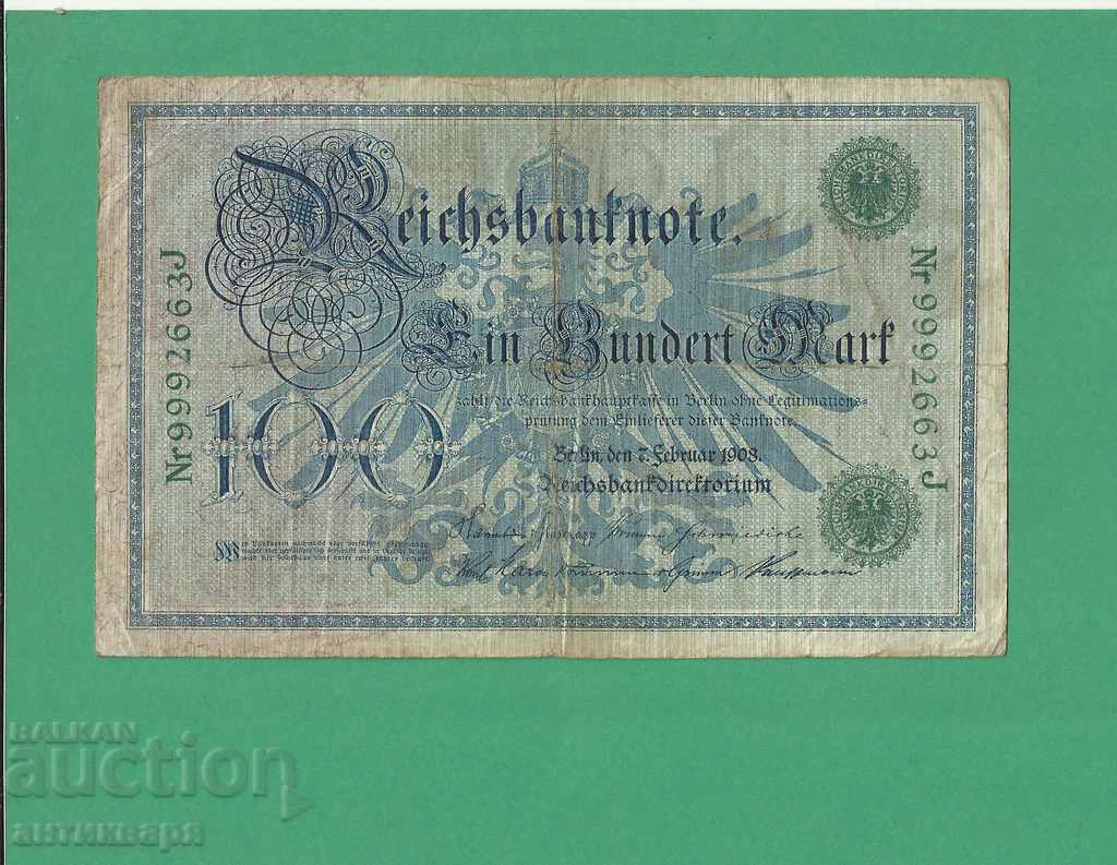 Германия 100 марки 1908  зелен печат  - 62