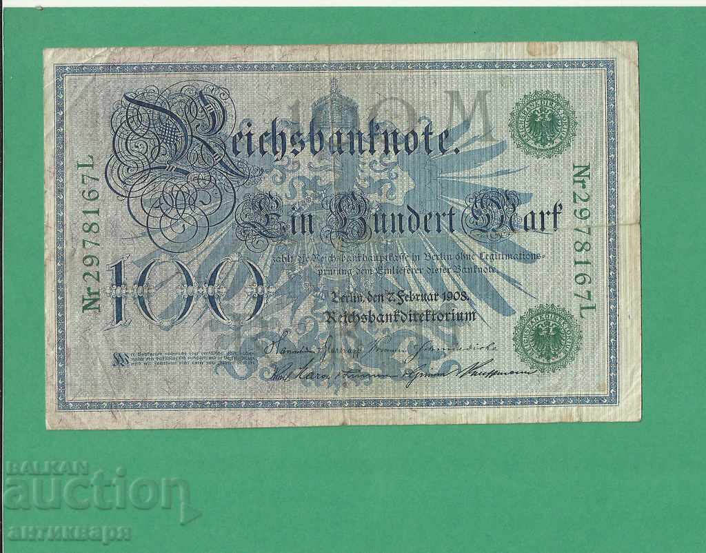 Германия 100 марки 1908  зелен печат  - 66