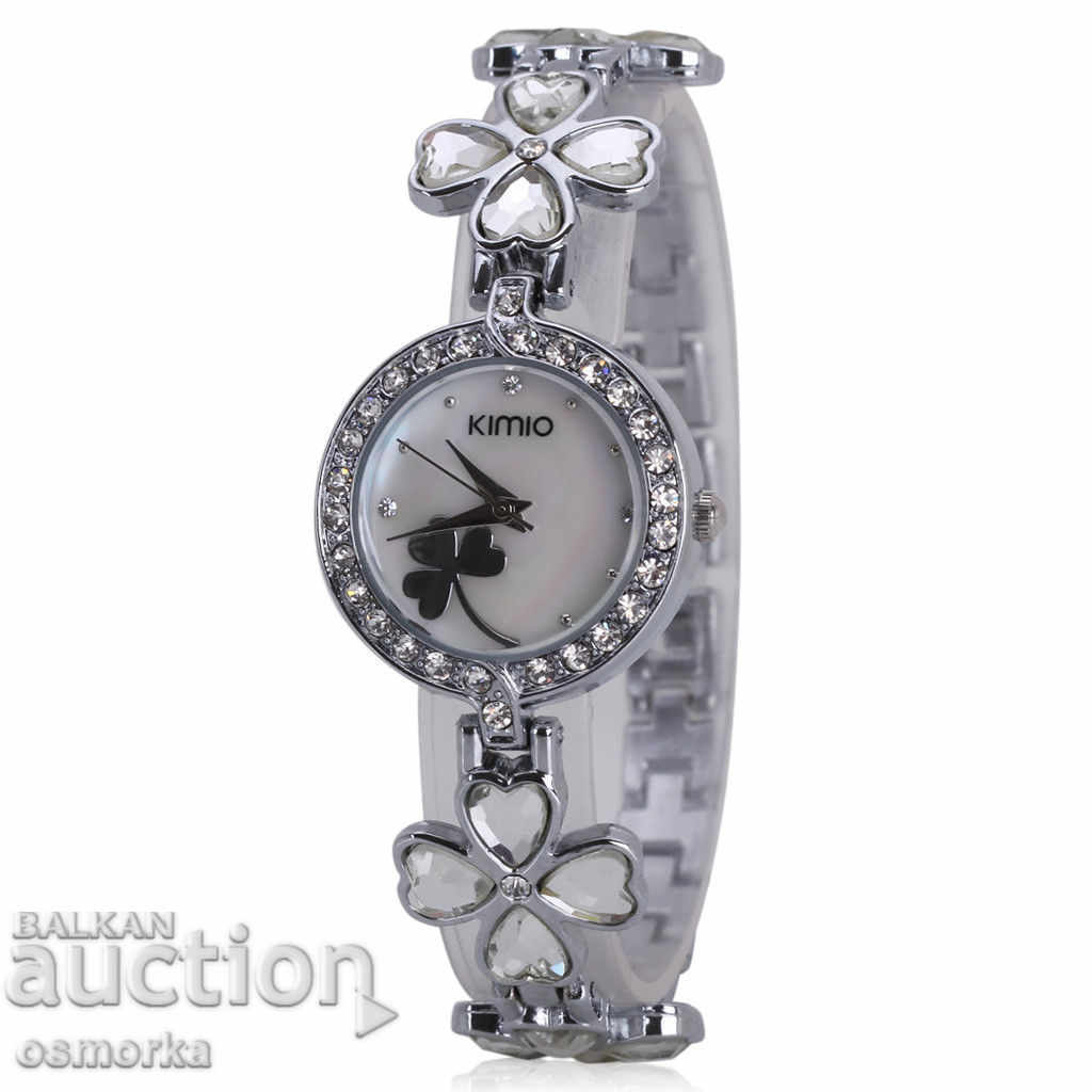 KIMIO красив дамски часовник с бели камъчета и цветчета стил
