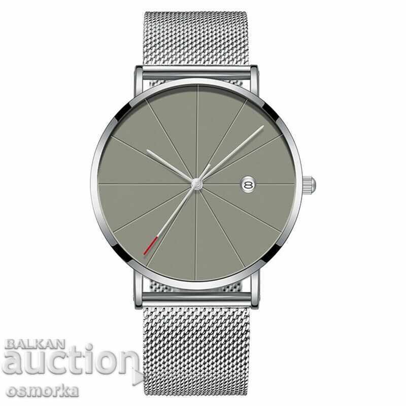 Stylish ladies' gray watch with date and metal strap