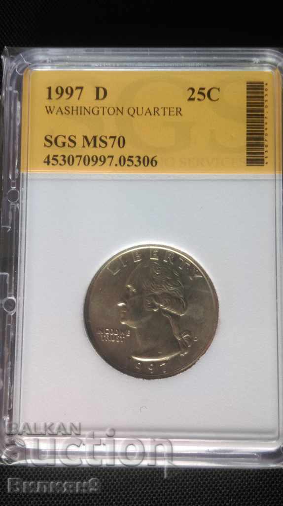 25 cent 1997 "D" Statele Unite ale Americii Certificat SGS - MS70