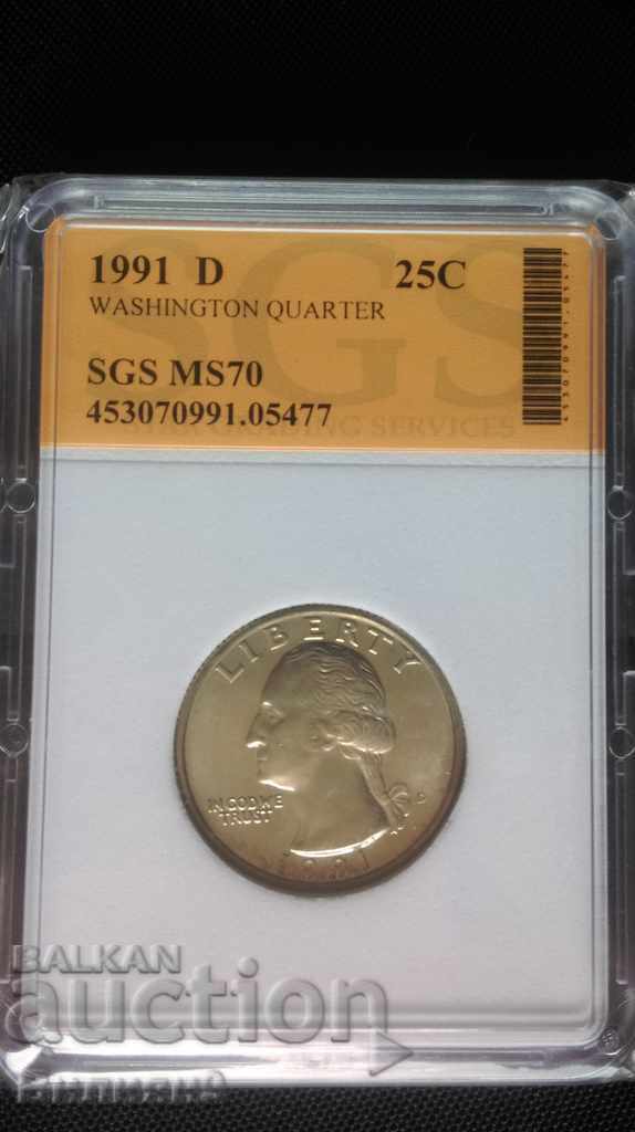 25 de cenți 1991 "D" SUA Certificat SGS - MS70