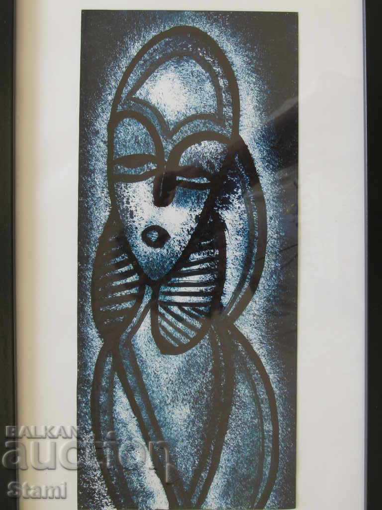 Auction Stylized African woman in blue oil painting Auction Stylized African woman in blue oil painting