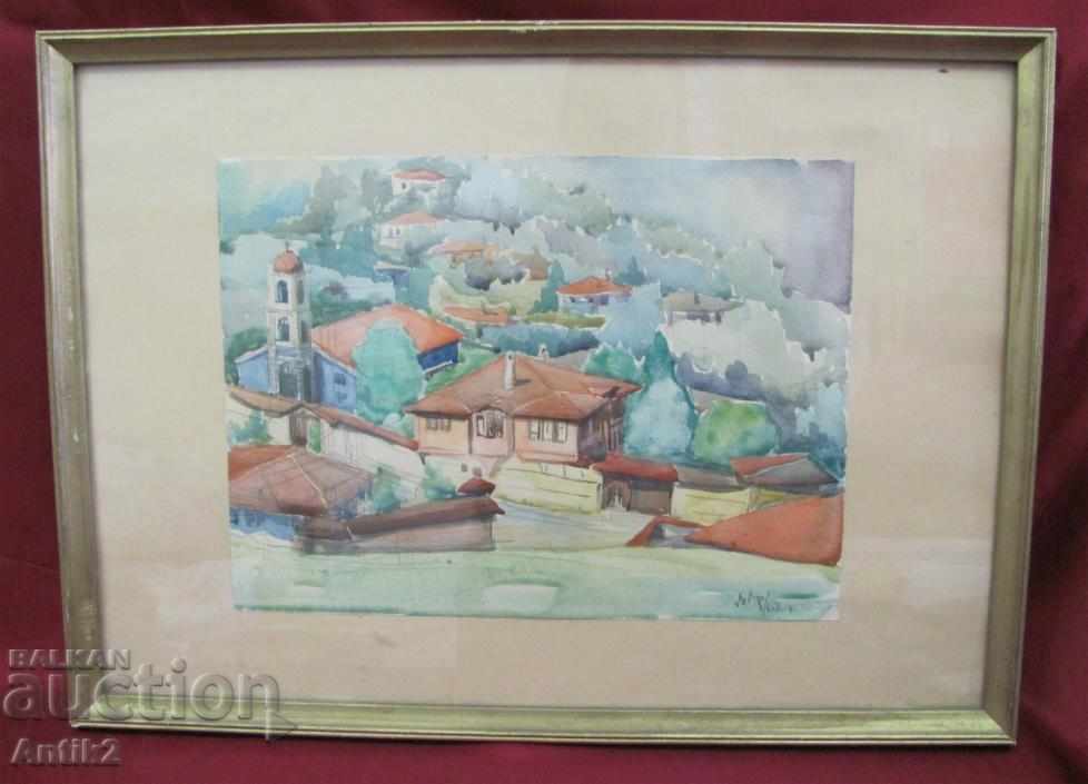 60s Original Watercolor Painting by D. Arnaudov, Signed