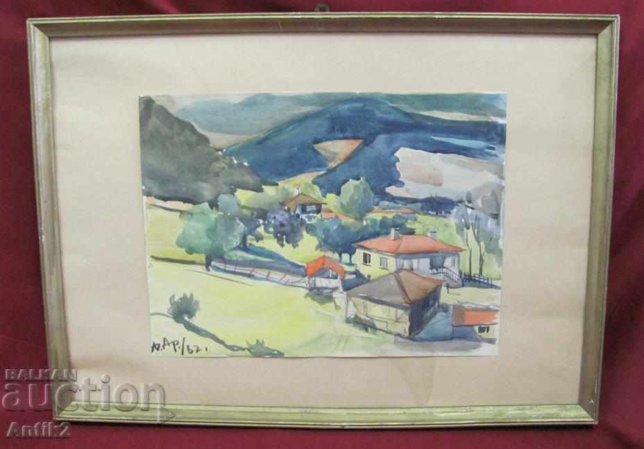 60s Original Watercolor Painting by D. Arnaudov, Signed 60s Original Watercolor Painting by D. Arnaudov, Signed