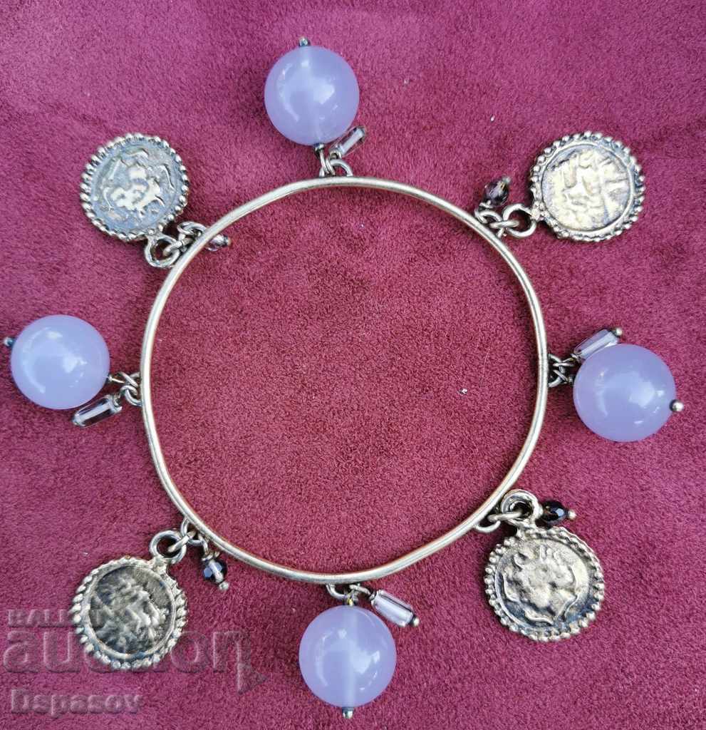 Silver Bracelet with Gilded Talismans and Amethyst
