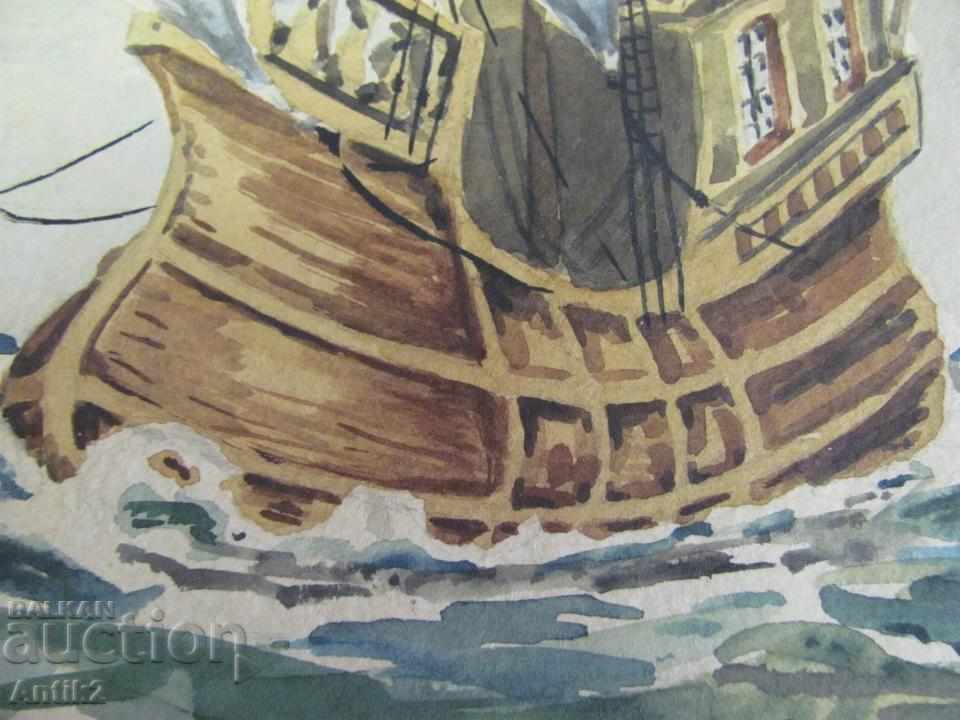 Auction  Old Original Watercolor Painting Ship