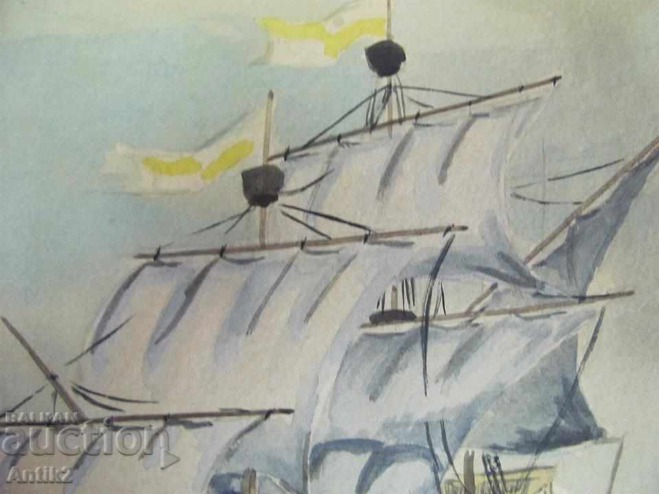 Delivery of Old Original Watercolor Painting Ship