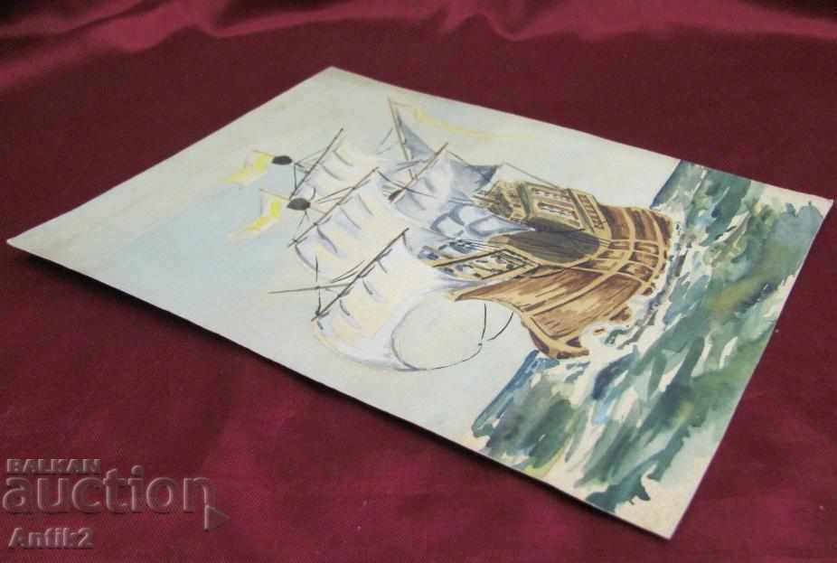 Old Original Watercolor Painting Ship - 5