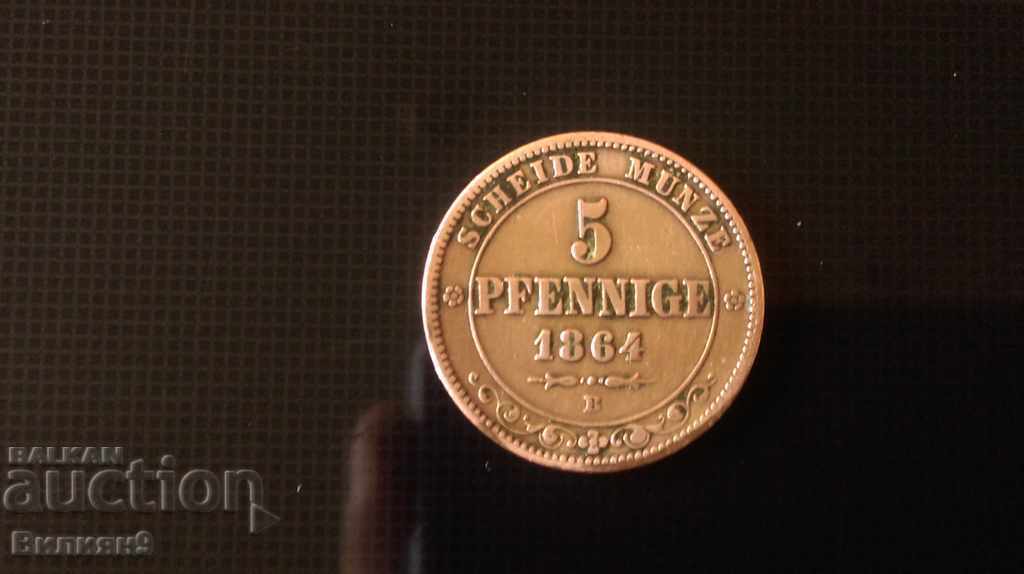 5 pfennigs 1864 '' B '' Saxony Germany Excellent