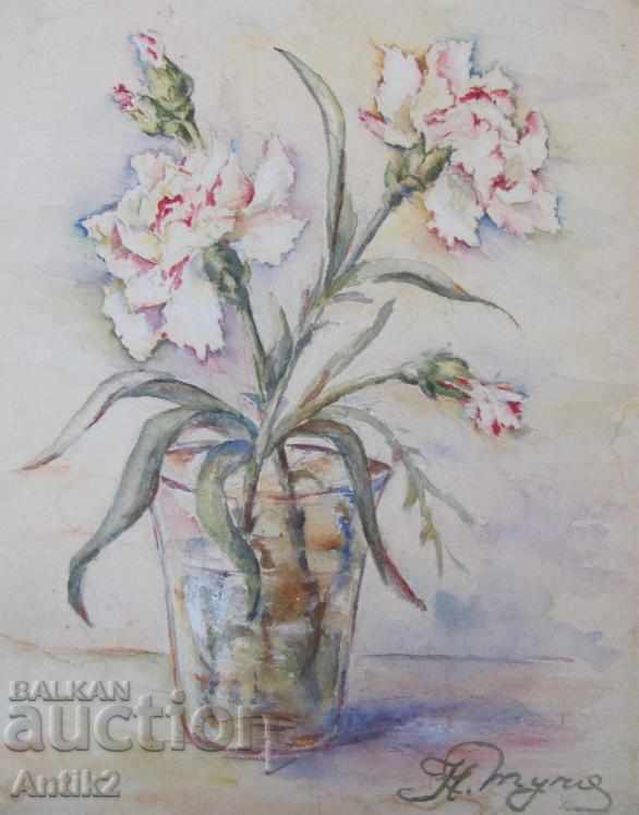 1945. Original Watercolor Vase with Flowers on cardboard with price 45.00 BGN | € 23.01 1945. Original Watercolor Vase with Flowers on cardboard with price 45.00 BGN | € 23.01