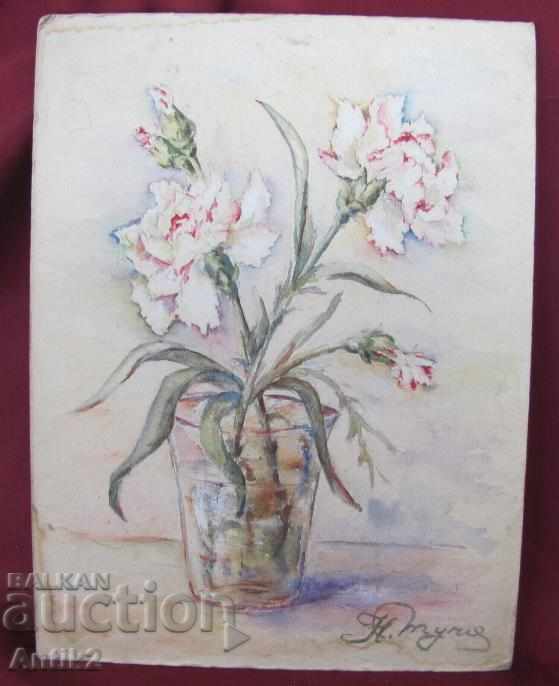 1945 Vază de acuarelă originală cu flori pe carton