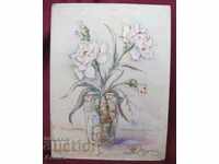 1945. Original Watercolor Vase with Flowers on cardboard