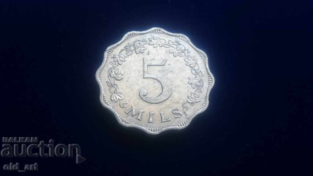 Monedă - Malta, 5 mils 1972
