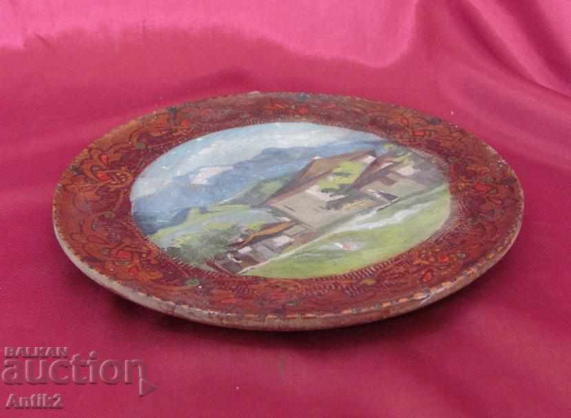 Auction 19th Century Antique Wooden Plate with Drawing Auction 19th Century Antique Wooden Plate with Drawing