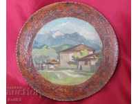 19th Century Antique Wooden Plate with Drawing