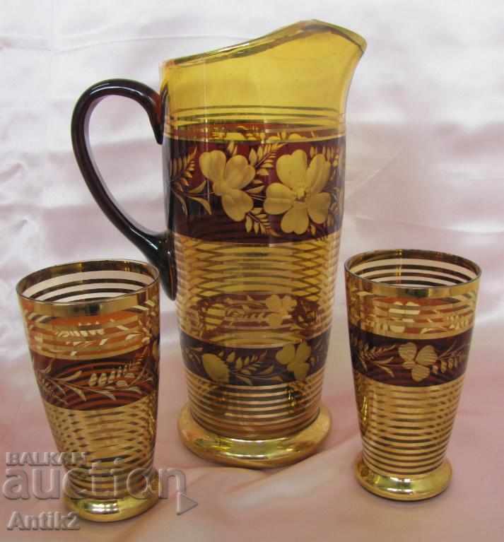19 век 2 броя  Големи Кристални Чаши и Кана