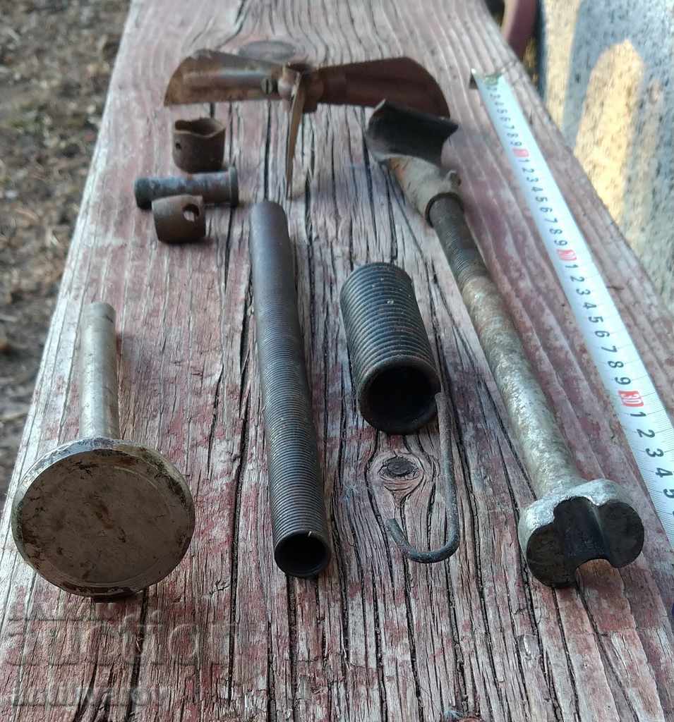 Lot of old parts, chocks, iron, fin, drill, spring