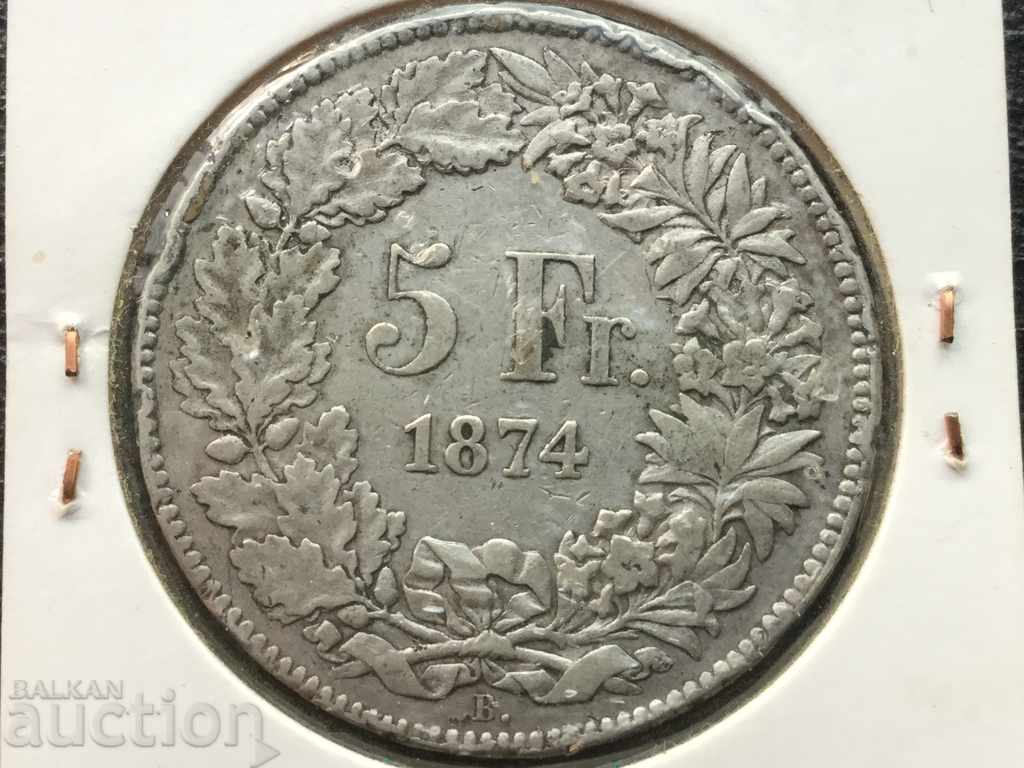 5 franci elvețieni 1874 monedă rară de argint
