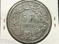 5 Swiss francs 1874 rare silver coin