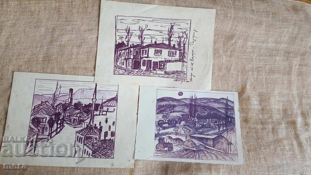 Lot de trei schițe ale unui artist vechi din Razgrad