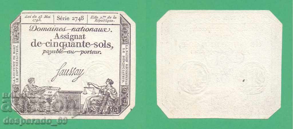 (¯` '• 50 de sare. FRANCE 1793 (Asignat) UNC- ¸. •' '°)