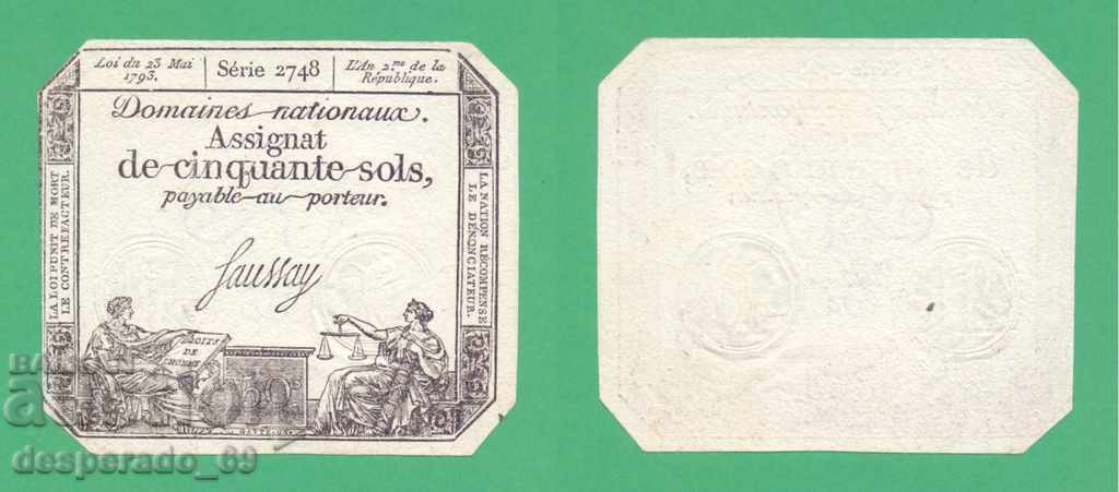 (¯`'•.¸ FRANCE 50 sol 1793 (Asigned) aUNC ¸.•'´¯)