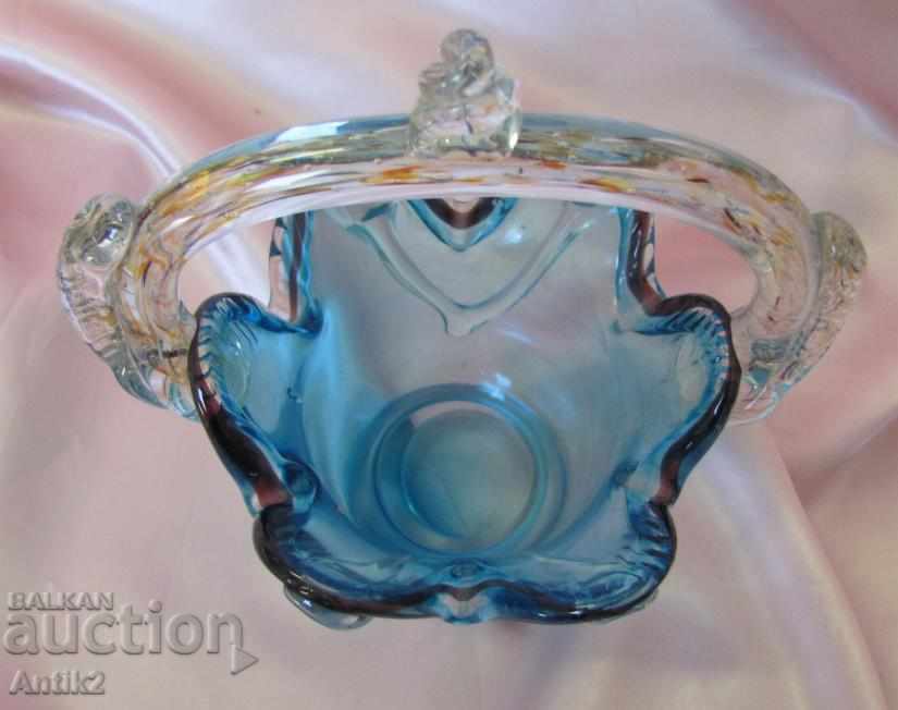 Auction Old Morano Crystal Glass Basket, Bonbonniere Auction Old Morano Crystal Glass Basket, Bonbonniere