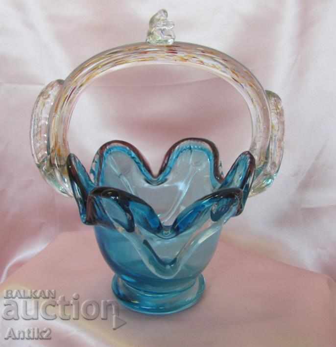 Old Morano Crystal Glass Basket, Bonbonniere